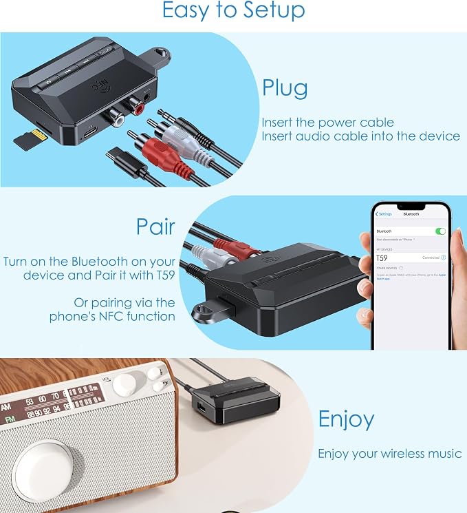 KAIY Bluetooth Receiver for Home Stereo, Bluetooth to RCA Adapter with NFC, 3.5mm AUX Audio Adapter Support USB Flash Drive & TF Card for Old Speakers/Amplifiers, HiFi Music Streaming Receiver