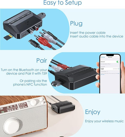 KAIY Bluetooth Receiver for Home Stereo, Bluetooth to RCA Adapter with NFC, 3.5mm AUX Audio Adapter Support USB Flash Drive & TF Card for Old Speakers/Amplifiers, HiFi Music Streaming Receiver