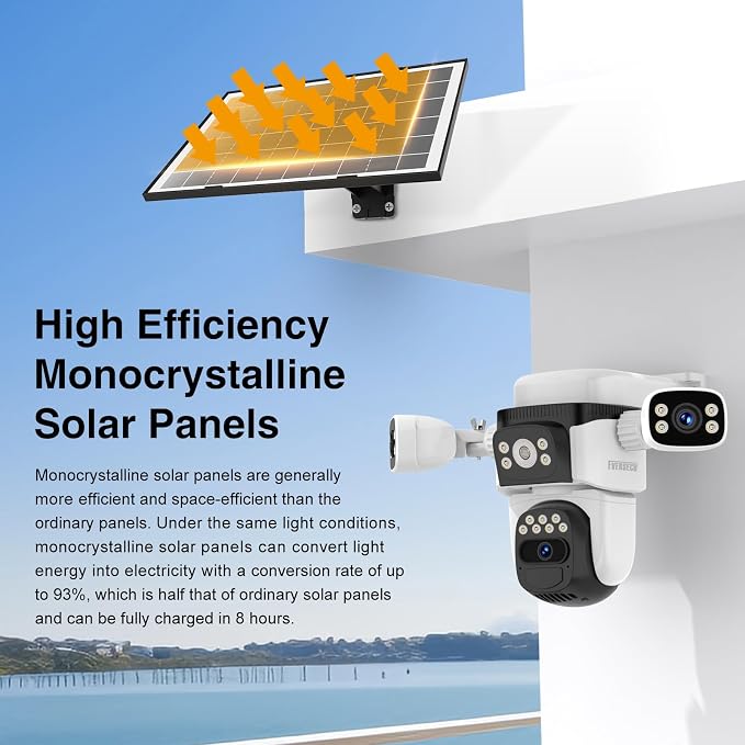 EVERSECU Solar Wireless Triple Lens WiFi PTZ Security Camera, Three Cameras in One, Side Cameras with Adjustable All-Angle Arm, 2K 360° View No Blind Spot, Auto Tracking, Spotlight, 2 Way Audio