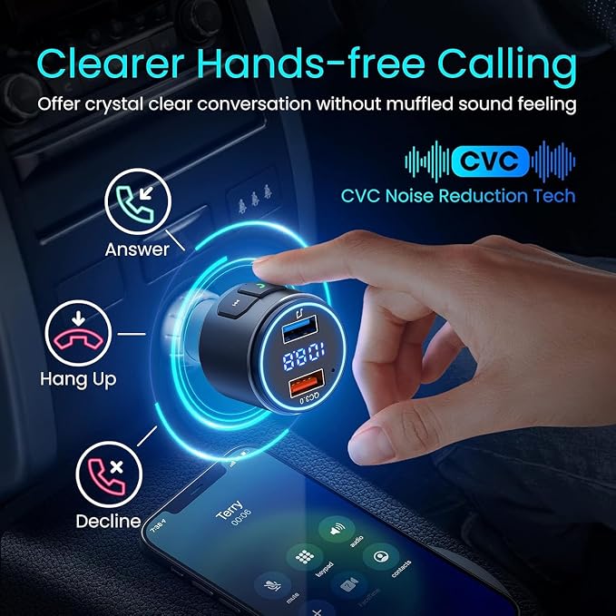 Upgraded V5.3 FM Bluetooth Transmitter, Bluetooth Car Adapter QC3.0 & LED Backlit Wireless FM Radio Adapter Music Player/Car Kit, Siri Google Assistant