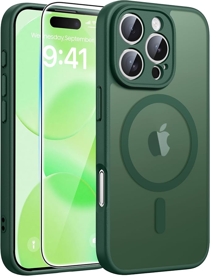 FNTCASE for iPhone 16 Pro Max Case: [Compatible with Magsafe] Translucent Matte Cases with [Full Camera Protection] [Screen Protector] Military Grade Shockproof Protective Phone Cover - Green