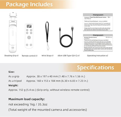 for Canon Tripod Wireless Shooting Grip with Shutter Release - Mini-Tripod with Rechargeable Remote Control for G7 X III/R50/R8/R5/R10/G5 X II/R100/M6 II/M200/M50/R50 V/6D II/SL2, for Vlogging, White