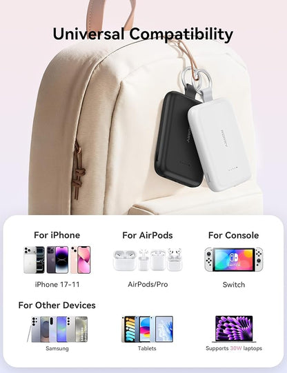 RORRY Portable Charger, 10000mAh PD 30W Fast Charging Portable Charger Power Bank with Built-in Cables, Travel Keychain Charger Battery Pack for iPhone 17/16/15/14/13/12, for AirPods 2/3/4/Pro, Blue