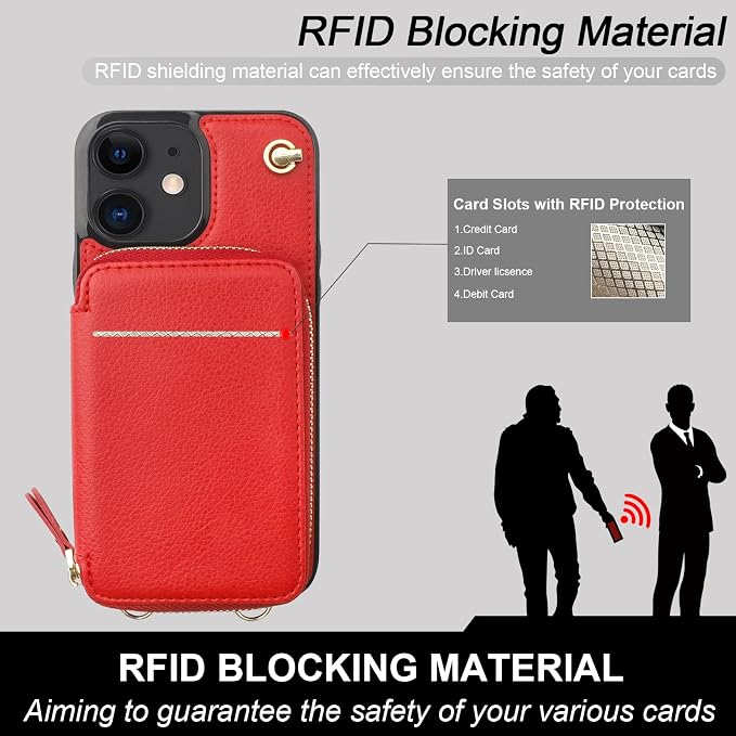 Bocasal Crossbody Wallet Case for iPhone 12/12 Pro, RFID Blocking Leather Purse Case with Card Holder, Protective Handbag Flip Cover with Zipper Wrist Strap Lanyard for Women 5G 6.1 Inch (Red)