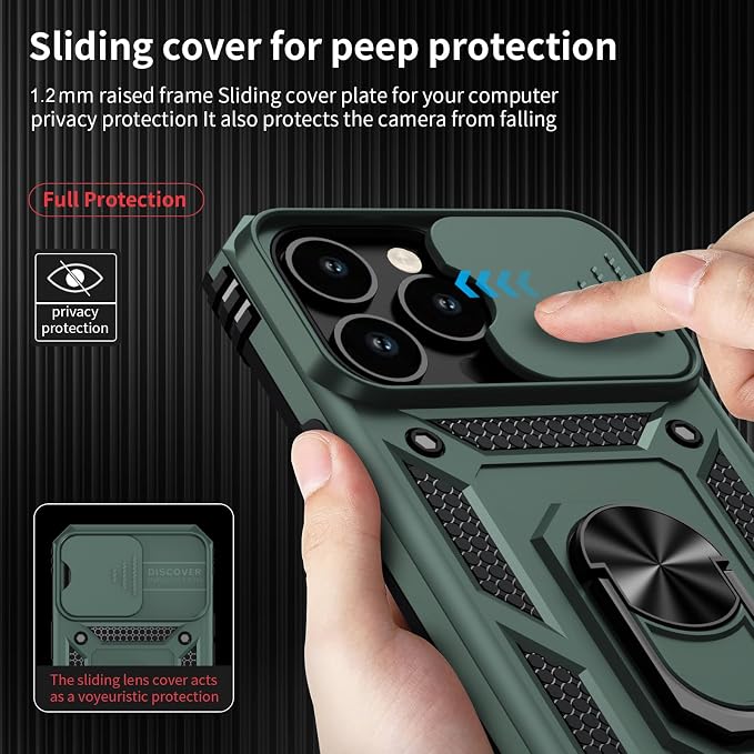 Weycolor for iPhone 14 Pro Max Case with Camera Lens Cover, HD Screen Protector, 10 FT Military Grade Drop Protection, Magnetic Ring Holder Kickstand Protective Phone Case, Pine Green
