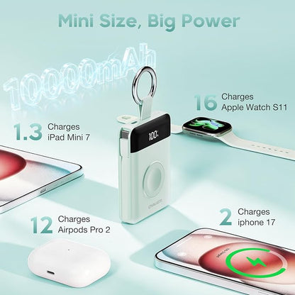 10000mAh Portable Charger,PD 22.5W Super Fast Charging Power Bank with Built-in Cables, Travel Keychain Battery Pack for iPhone 17/16/15/14/13/12,Apple Watch Ultra/11/10/9/8/7/6/SE (Green)