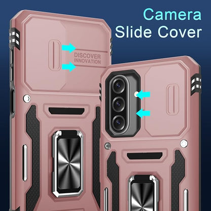 DEERLAMN Case for Samsung Galaxy A17 5G with Slide Camera Cover+Screen Protector (1 Pack), Rotated Ring Kickstand Military Grade Shockproof Protective Cover-Rose Gold