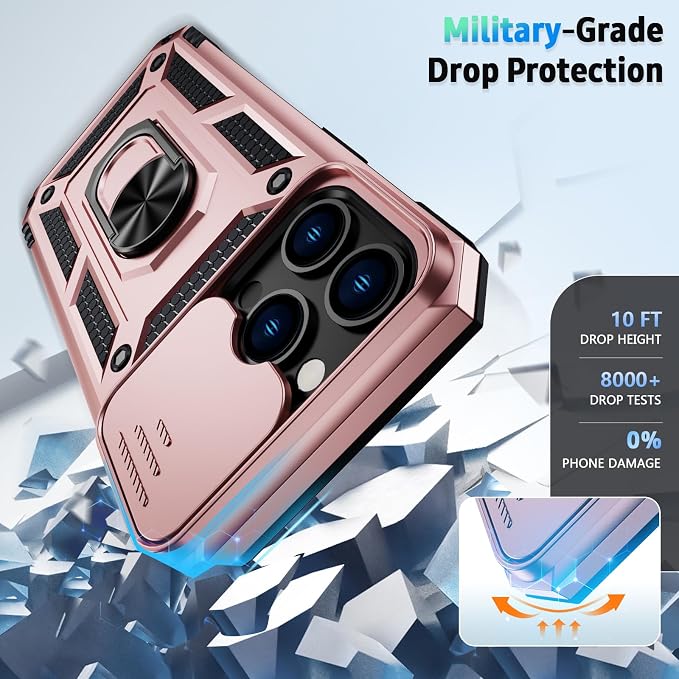for iPhone 13 Pro Case with Camera Lens Cover, HD Screen Protector, 10 FT Military Grade Drop Protection, Magnetic Ring Holder Kickstand Protective Phone Case for iPhone 13 Pro, Rose Gold
