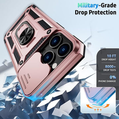 for iPhone 13 Pro Case with Camera Lens Cover, HD Screen Protector, 10 FT Military Grade Drop Protection, Magnetic Ring Holder Kickstand Protective Phone Case for iPhone 13 Pro, Rose Gold