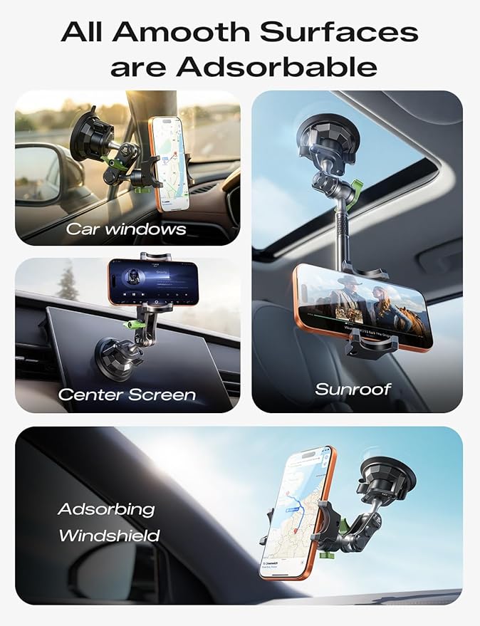 MAGIC JOHN Car Phone Holder, Ultra-Durable Mteal Phone Holders for Your Car, 360° Rotation Cell Phone Car Mount for Windshield, Suction Cup Car Phone Mount for iPhone Samsung All Smartphone