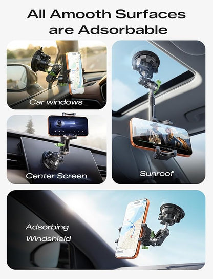 MAGIC JOHN Car Phone Holder, Ultra-Durable Mteal Phone Holders for Your Car, 360° Rotation Cell Phone Car Mount for Windshield, Suction Cup Car Phone Mount for iPhone Samsung All Smartphone