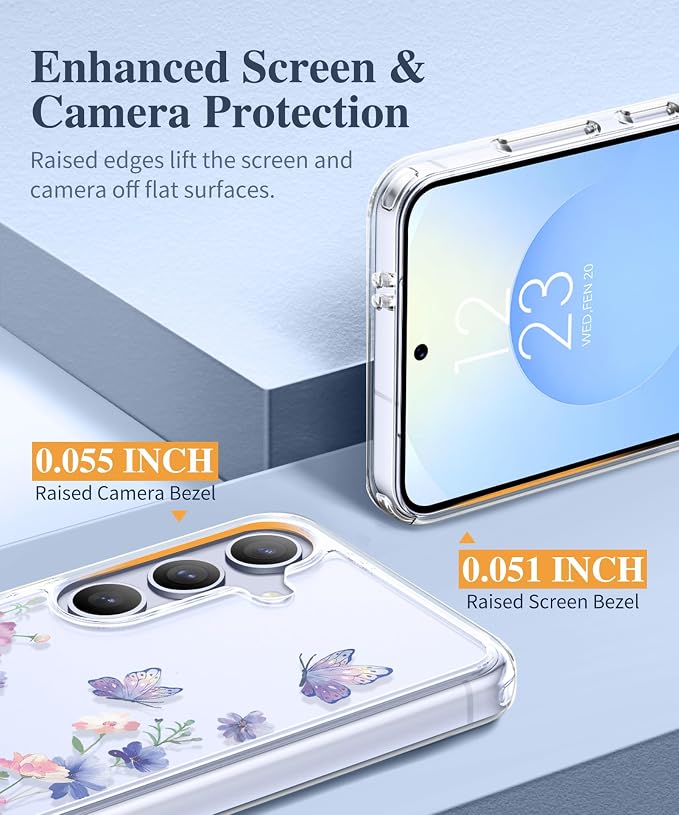 GVIEWIN for Samsung Galaxy S25 Plus Case, Clear Floral Slim Shockproof Protective Women Phone Case, Non-Yellowing, with Screen Protector & Camera Lens Protector for S25 Plus 6.7", Bloomwing/Blue