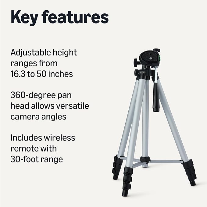 Amazon Basics 50" Lightweight Tripod for Camera and Phone with Travel Bag, Remote Control and Phone Holder, Height Adjustable, Aluminum, Silver