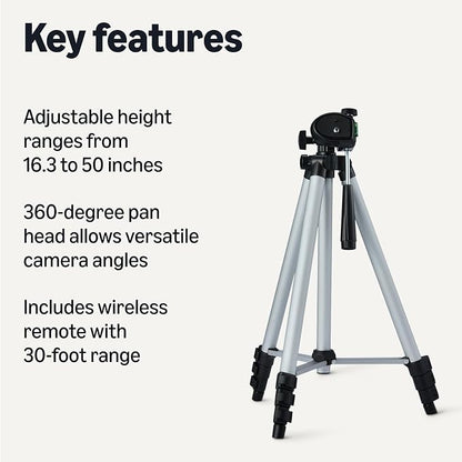 Amazon Basics 50" Lightweight Tripod for Camera and Phone with Travel Bag, Remote Control and Phone Holder, Height Adjustable, Aluminum, Silver