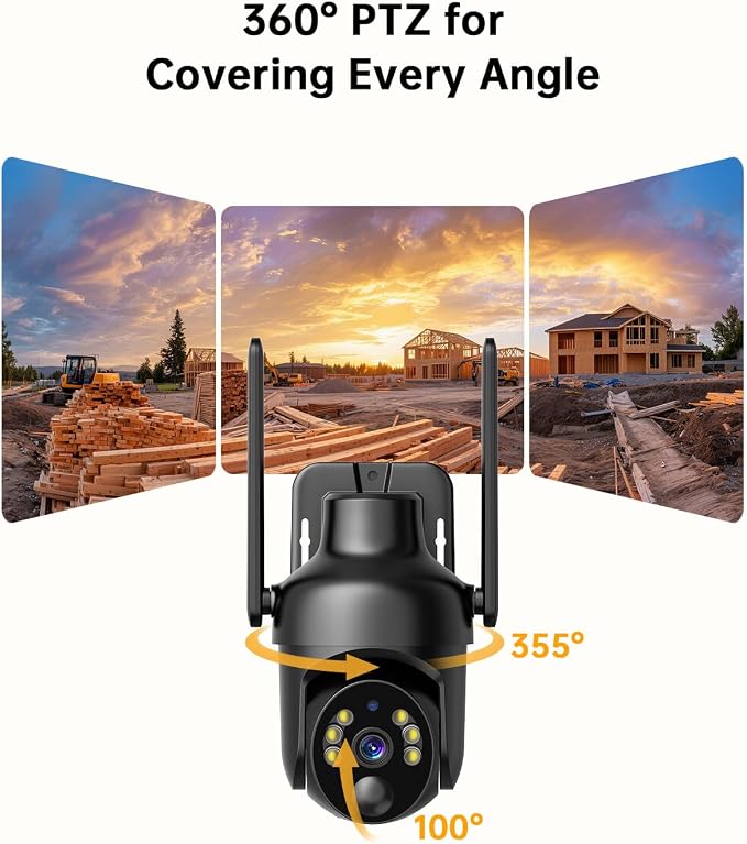 Cellular Security Camera with Pre-Installed 4G LTE SIM Card, Color Night Vision, 360° Full View, 2K Live Viewing, Instant Motion Alerts, No WiFi Needed Solar Outdoor Camera for Farm/Jobsite