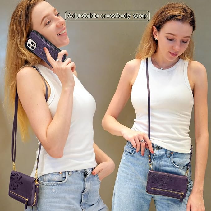 Lacass for iPhone 16 Pro Max 6.9 inch 2024 Wallet Case, Crossbody Dual Zipper Detachable Magnetic Leather Wallet Case Cover Wristlets Wrist Strap 13 Card Slots Money Pocket(Floral Dark Purple)
