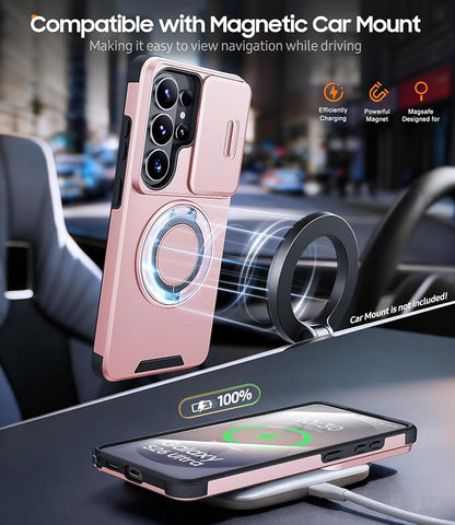 JAME for Samsung Galaxy S26 Ultra Case, Ring Holder Stand Kickstand, Slide Camera Cover with Screen Protector, Dual-Layer Shockproof Protective Magnetic Accessory Friendly S26 Ultra Phone Case, Pink