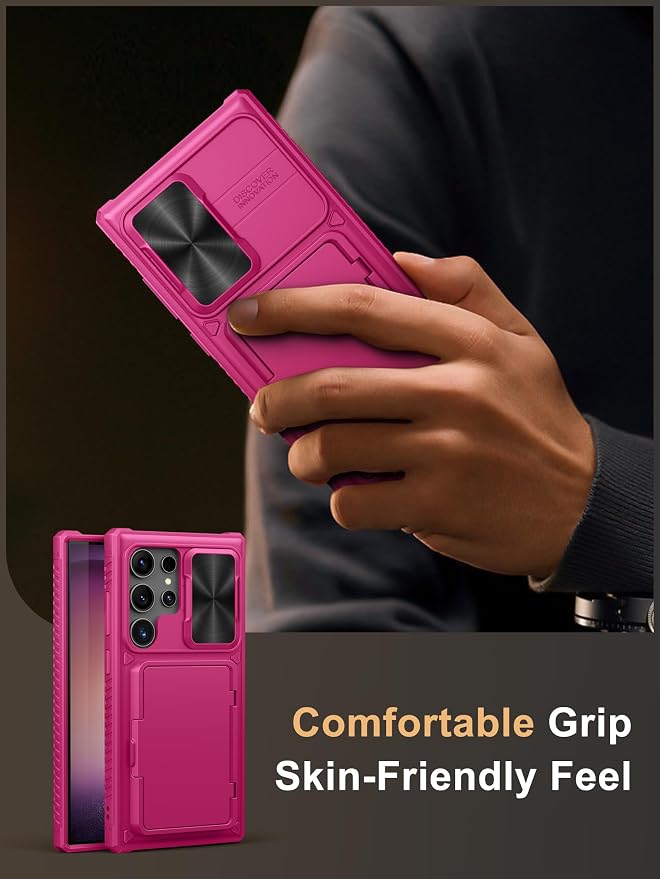 Vihibii for Samsung Galaxy S23 Ultra Case with Card Holder (4 Cards), Slide Camera Cover & Stand, Raised Edges Protect Screen & Military Grade Drop Protection Case for Galaxy S23 Ultra 6.8", Hot Pink
