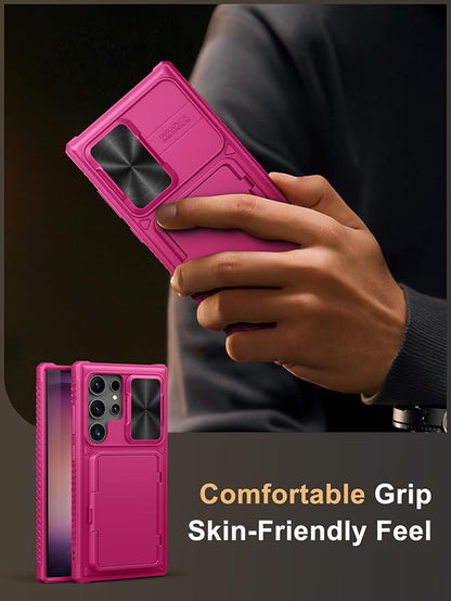 Vihibii for Samsung Galaxy S23 Ultra Case with Card Holder (4 Cards), Slide Camera Cover & Stand, Raised Edges Protect Screen & Military Grade Drop Protection Case for Galaxy S23 Ultra 6.8", Hot Pink