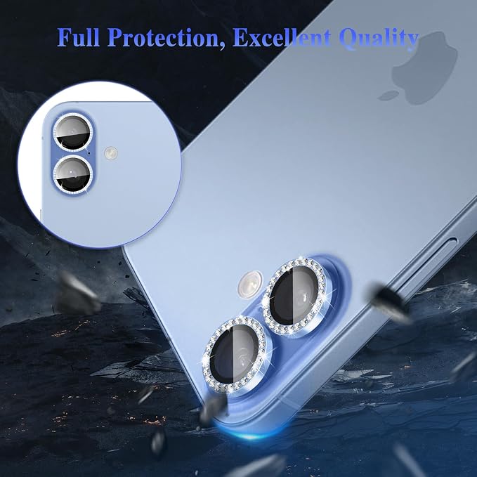 ShinKin Camera Lens Protector for iPhone 17, Glitter Camera Cover, 9H Tempered Glass Individual Metal Ring Camera Protector for iPhone 17 (Diamond - Blue)