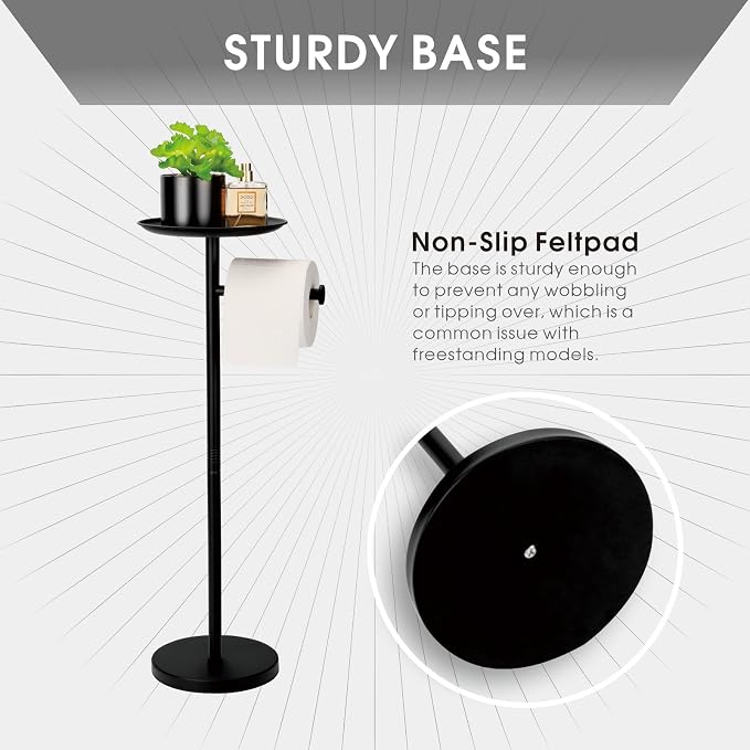 Toilet Paper Holder Stand with Shelf on Top, Black TP Roll Holder Floor Standing, Sturdy Base (Black)