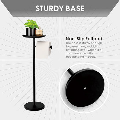 Toilet Paper Holder Stand with Shelf on Top, Black TP Roll Holder Floor Standing, Sturdy Base (Black)