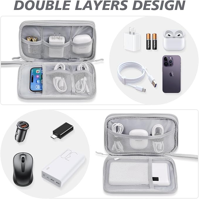 Electronics Organizer Travel Case,Cable Tech Organizer Bag,Medium Size Water Resistant Double Layers Pouch Carry Case for Cord,Phone,Charger,Earphone,Travel Accessories Essentials for Men,Grey