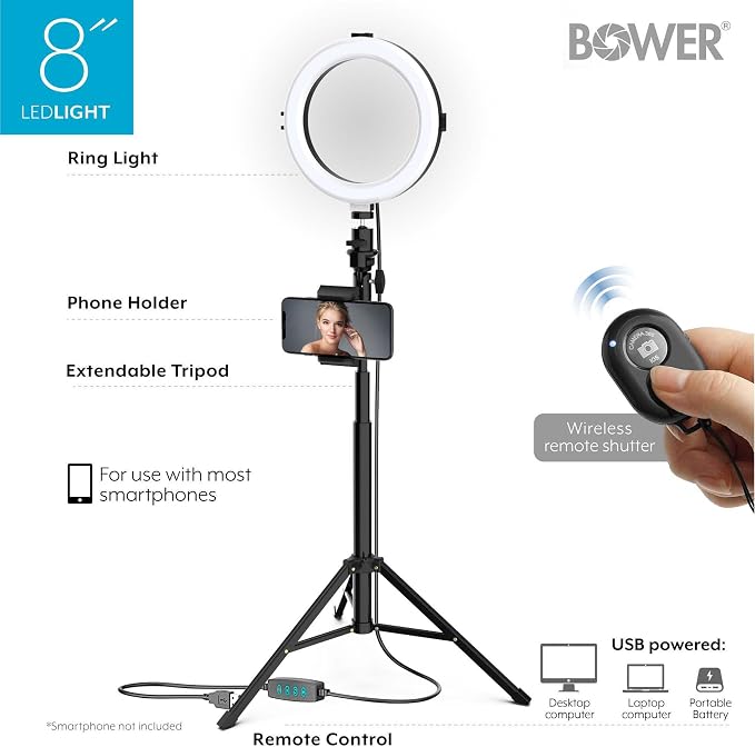 Bower 8" Selfie Ring Light Studio with Adjustable Tripod and Phone Holder – Professional Photo and Video Lighting Kit for Vlogging, Streaming, and Social Media Content Creation