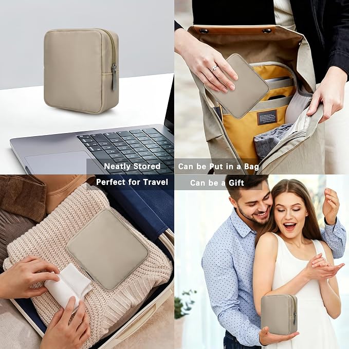 Tech Organizer Pouch, Small Multi-Pocket Electronics Case (Khaki) | Water-resistant nylon, foam padding, metal zipper, travel cable bag for charger, power bank, earbuds, SD cards and USB cables