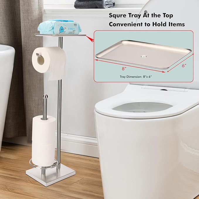 Toilet Paper Holder with Tray at The Top, Heavy-Weighted Stainless Steel Base No Wobbly, Freestanding Toilet Paper Rolls Stand, Hold Extra 3 Paper Rolls On The Base (Brushed Nickel)