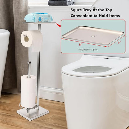 Toilet Paper Holder with Tray at The Top, Heavy-Weighted Stainless Steel Base No Wobbly, Freestanding Toilet Paper Rolls Stand, Hold Extra 3 Paper Rolls On The Base (Brushed Nickel)
