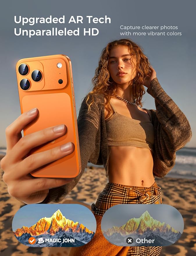 MAGIC JOHN for iPhone 17 Pro Camera Lens Protector 6.3'', HD Clear, Magnetic Tempered-Glass Lens Film, Ultra-Tough, Anti-Scratch, Case Friendly, 2 Pack,Orange