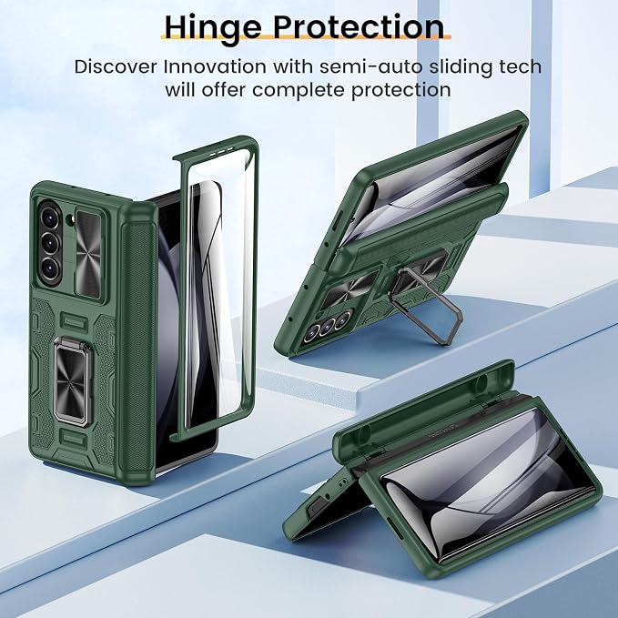 VEGO for Z Fold 5 Case with Hinge Protection & Screen Protector, Green | Built-in 360° Magnetic Kickstand, Slide Camera Cover, Full Body Protective Case for Samsung Fold 5