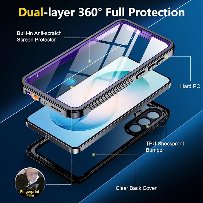 SPIDERCASE for Samsung Galaxy S26 Plus Case Waterproof, Built-in Screen Protector [IP68 Underwater] [Military Grade Shockproof] Full Body Sealed Protection for Galaxy S26 Plus Case 6.7", Purple/Clear