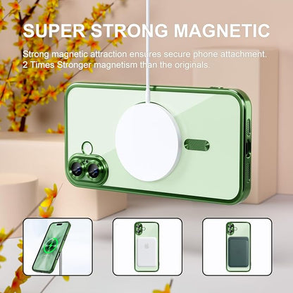 Misea Magnetic for iPhone 17 Case Compatible with MagSafe [Never Yellowing] [Military Grade Drop Protection] Full Camera Lens Protector Plating Soft Clear Phone Case for Women, Green