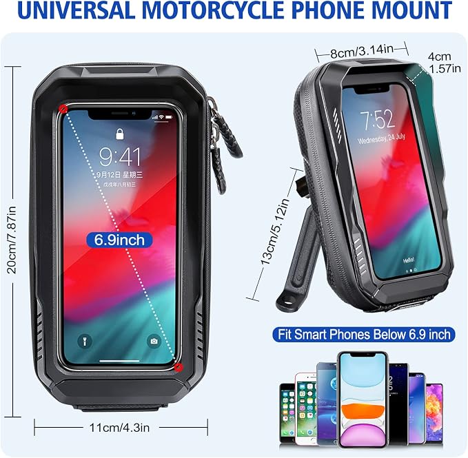 BKNOOU Motorcycle Phone Holder Waterproof Motorcycle Cell Phone Mount 360°Rotation Anti-Shake Upgrade Sun Visor Rain Cover Rearview Mirror Phone Holder Motorbike for Smartphone 4.5" to 6.9"