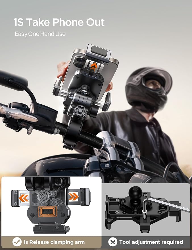 JOYROOM Aluminum Alloy Motorcycle Phone Holder, Metal Motorcycle Phone Mount with Vibration Dampener, for Bike Bicycle Scooter ATV/UTV, Compatible with iPhone, Samsung, All Cell Phones