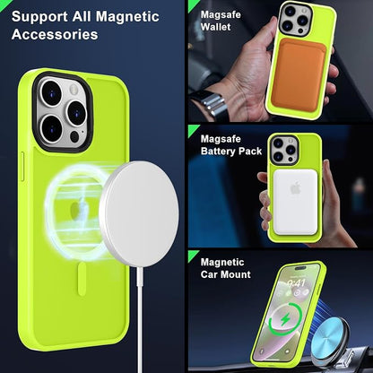 MOCCA Strong Magnetic for iPhone 15 Pro Max Case, [Compatible with Magsafe][13FT Military Drop Protection] Slim Translucent Matte Shockproof Case for iPhone 15 ProMax Case 6.7'' - Fluorescent Green