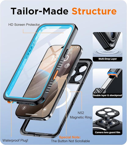 Temdan Magnetic for iPhone 16 Pro Max Case Waterproof,Built-in Screen Protector[IP68 Underwater][Upgrade Military Dropproof][Compatible with MagSafe] Full Body Shockproof Case-Blue