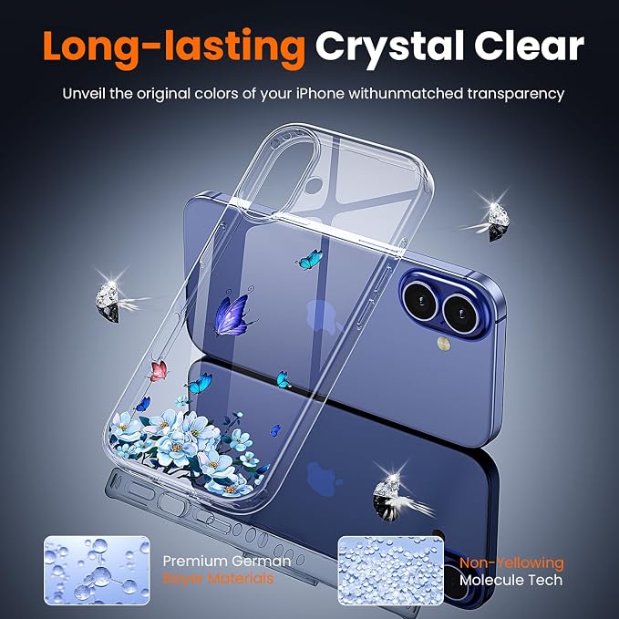 3 in 1 for iPhone 16 Case Clear, Screen Protector *1 & Camera Lens Protector*1, Print Shockproof for iPhone 16 Phone Case 6.1 inch Floral