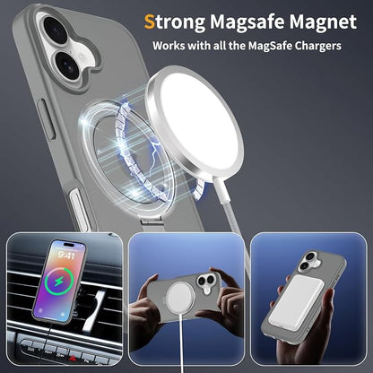 Ultra-Magnetic Stand for iPhone 17 Case [Military Drop Protection] [Compatible with MagSafe] Shockproof Translucent Matte Slim Ring Holder Case for iPhone 17 (Gray)