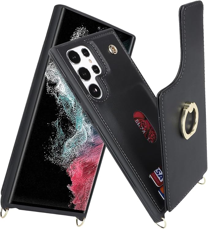Lipvina for Samsung Galaxy S22 Ultra Case with Card Holder and Strap for Women,Crossbody Lanyard,RFID Blocking,Ring Stand,Snap Clasp,Phone Wallet Cases 6.8 inch(Black)