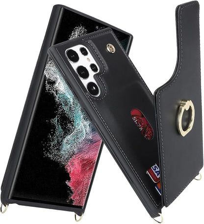 Lipvina for Samsung Galaxy S22 Ultra Case with Card Holder and Strap for Women,Crossbody Lanyard,RFID Blocking,Ring Stand,Snap Clasp,Phone Wallet Cases 6.8 inch(Black)
