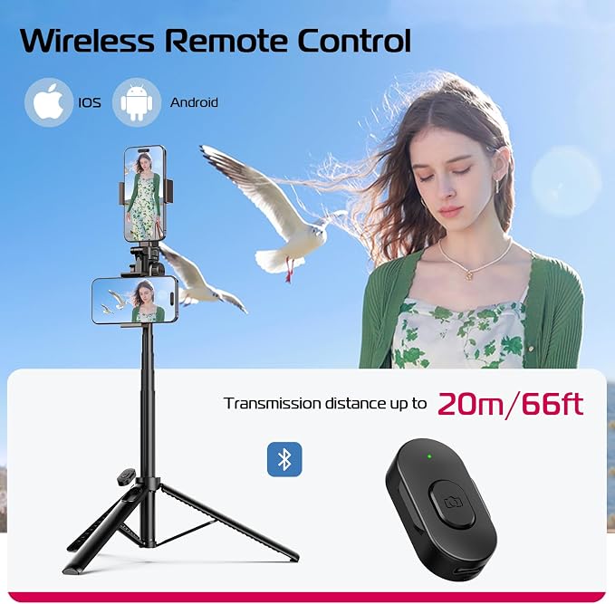 ULANZI MT-70 Extendable Tripod, 63" Selfie Stick Vlog Tripod Stand with 2 Phone Clips as Teleprompter, 360° Rotate Camera Holder for iPhone, Sony, Canon, DJI Osmo Nano, Lightweight for Travel, Black