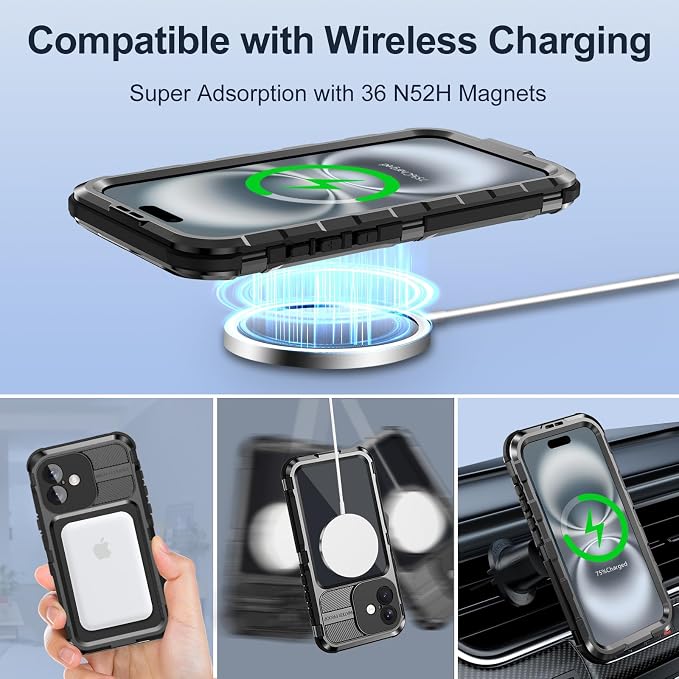 WIFORT for iPhone 16 Waterproof Case - Metal Heavy Duty [Built-in Screen Protector] [14FT Military Shockproof] [Fit for MagSafe], IP68 Full Body Rugged Water Proof Magnetic Cover, 6.1" Black
