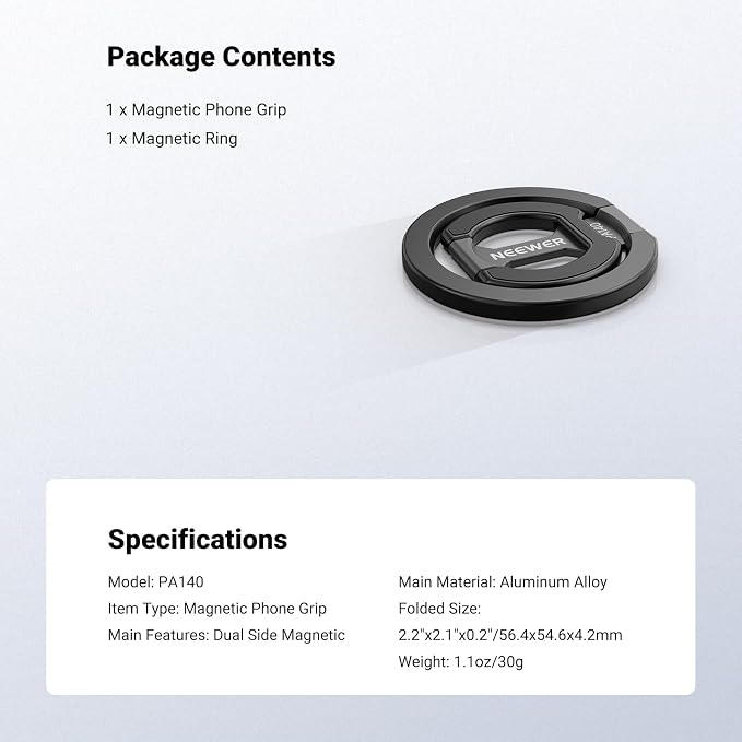 NEEWER Magnetic Phone Grip, Dual Side Magnet Cell Phone Ring Holder Stand Foldable Kickstand Portable Compatible with MagSafe iPhone Samsung Android for Car Mount Workout Gym Video Recording, PA140