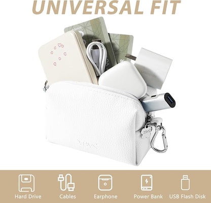 Small Tech Pouch, Waterproof Electronics Travel Case with Carabiner, Compact Cable Organizer Bags & Cases for Chargers, Power Banks, Hard Drives, Earbuds, Cords and Digital Accessories (White)