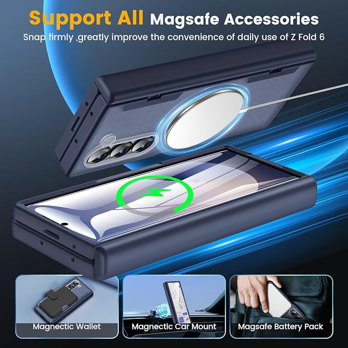 Caka Magnetic for Samsung Galaxy Z Fold 6 Case with Hinge Protection Blue | Compatible with MagSafe, Built-in Outer Screen Protector, Hinge Guard, Translucent Matte Back, 360° Hybrid Drop Defense