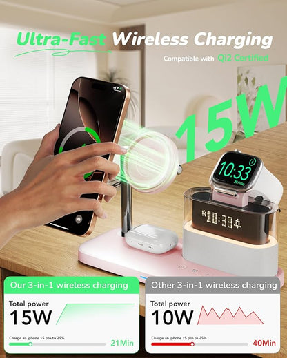 Compatible with Qi2 Certified 15W Charging Station with Alarm Clock and Night Light,Fast 5 in 1 Mag-Safe Wireless Charger Stand for iPhone 16 15 14 13 12 Pro Max,Apple Watch,Air-Pods(Pink)