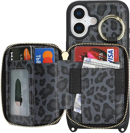 Crossbody Wallet Case for iPhone 17, PU Leather Zipper Handbag Purse Flip Cover, Kickstand Folio Case with Card Slots Holder Wrist Strap Lanyard 5G 6.3 Inch-Black Leopard